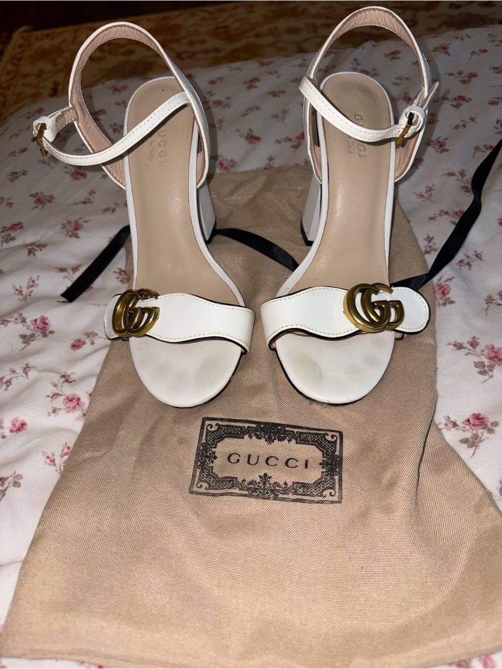 Gucci White Leather Block-Heel Sandals with Gold Double G w/ Dust Bag